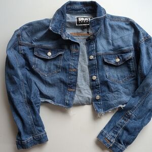 Dkny Cropped Blue Denim Jacket with Flap Pockets